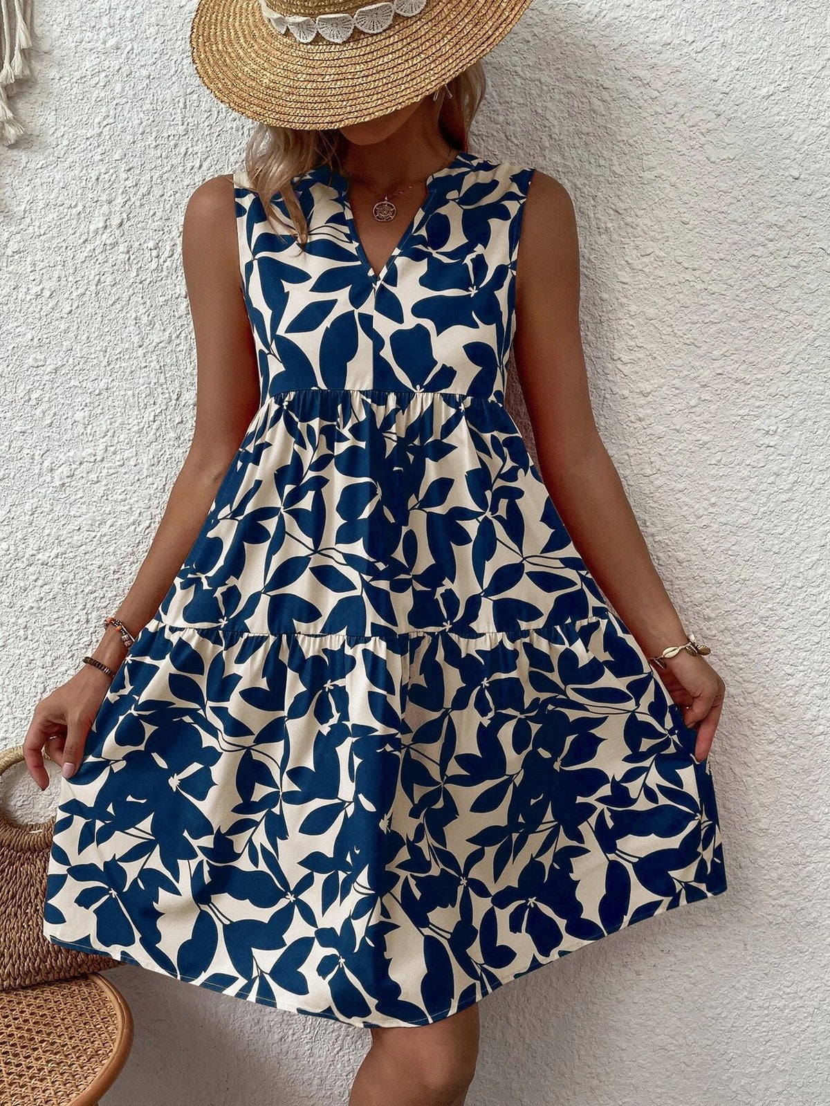 Leaf Print Notch V-Neck Sleeveless Tiered Swing Mini Dress 7