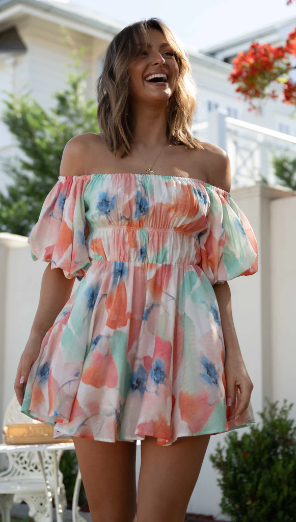 Watercolor Floral Print Off Shoulder Puff Sleeve Shirred Waist Mini Dress