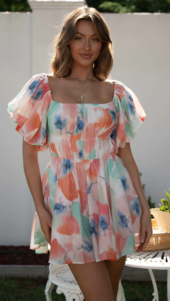 Watercolor Floral Print Off Shoulder Puff Sleeve Shirred Waist Mini Dress 2