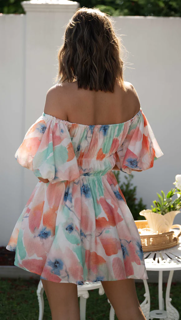 Watercolor Floral Print Off Shoulder Puff Sleeve Shirred Waist Mini Dress 3