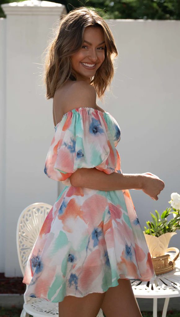 Watercolor Floral Print Off Shoulder Puff Sleeve Shirred Waist Mini Dress 5