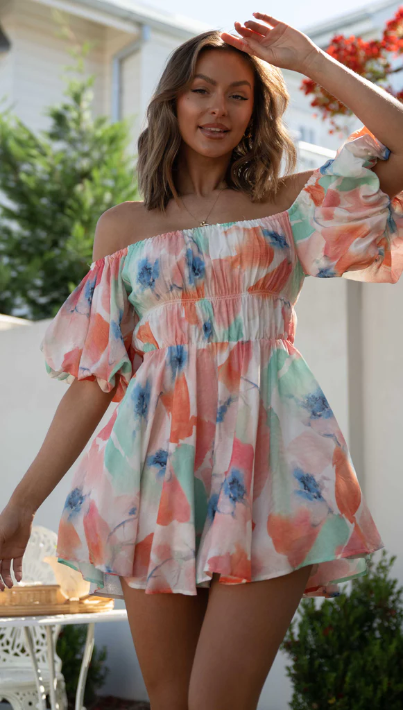 Watercolor Floral Print Off Shoulder Puff Sleeve Shirred Waist Mini Dress 6