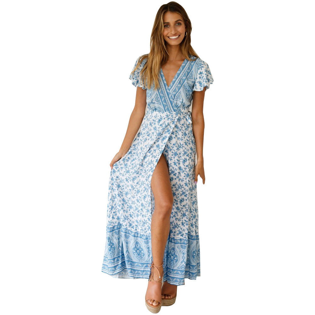 Boho Floral Print V-Neck Flutter Sleeve High Split Wrap Maxi Dress 8