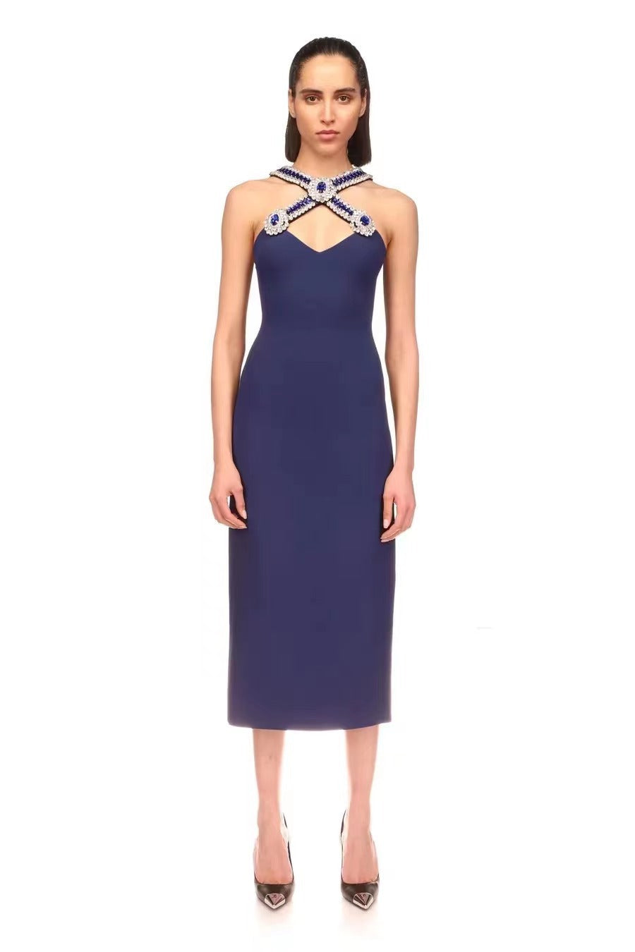 Summer Royal Blue V neck Bandage Maxi Dress Diamond Cross Design Polished Dress