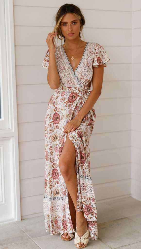 Boho Floral Print V-Neck Flutter Sleeve High Split Wrap Maxi Dress 2