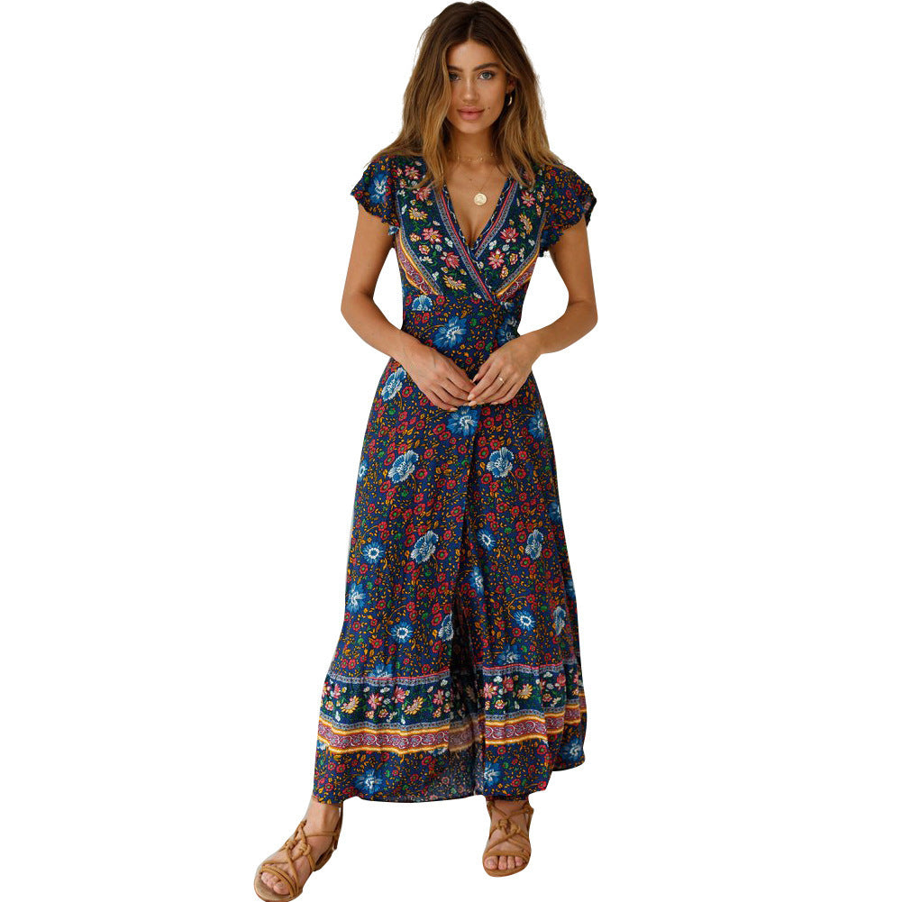 Boho Floral Print V-Neck Flutter Sleeve High Split Wrap Maxi Dress 10