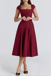 Square Neck Cap Sleeve Fit and Flare Midi Dress