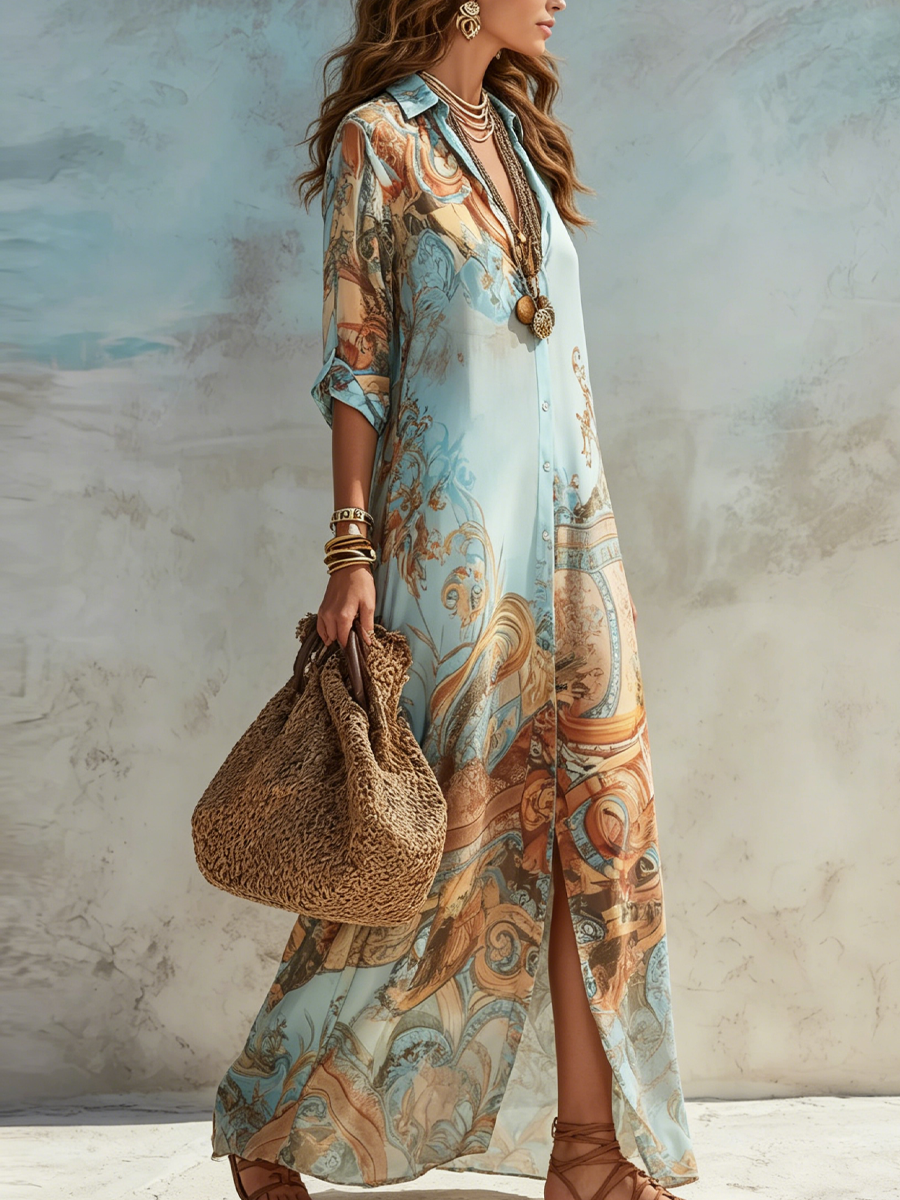 Baroque Print Long Sleeve Maxi Shirt Dress