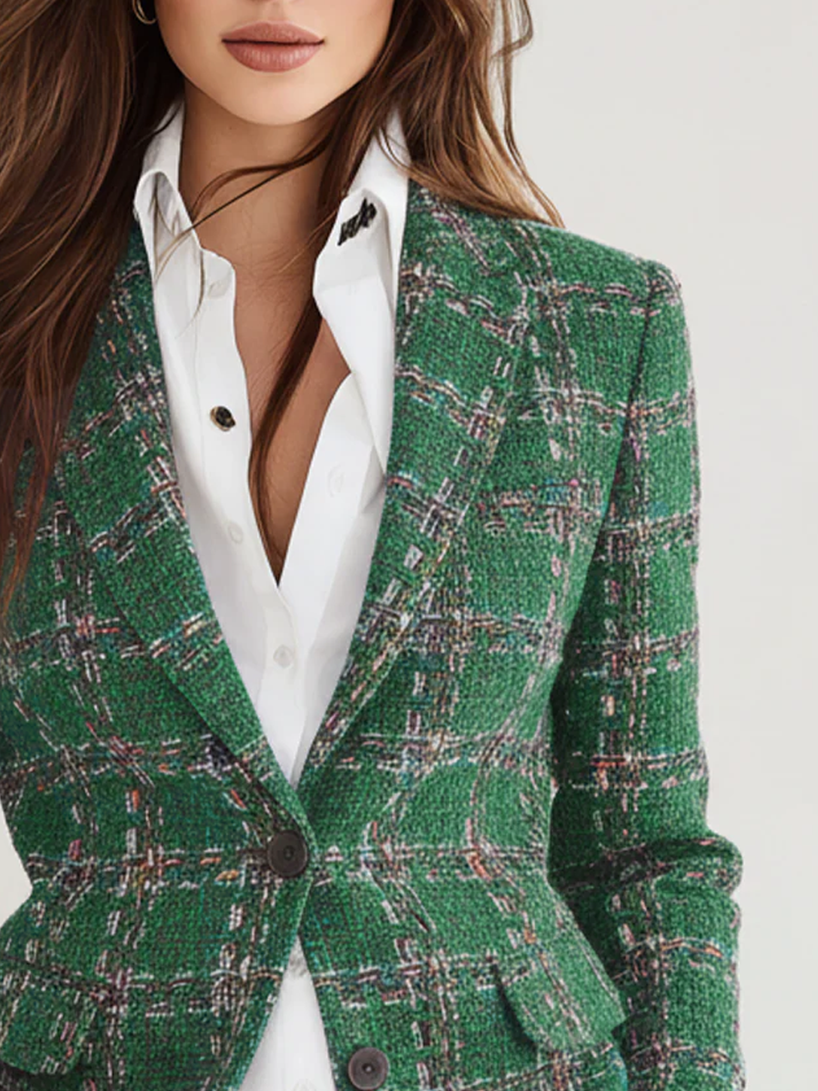 Plaid Tweed Single Button Blazer