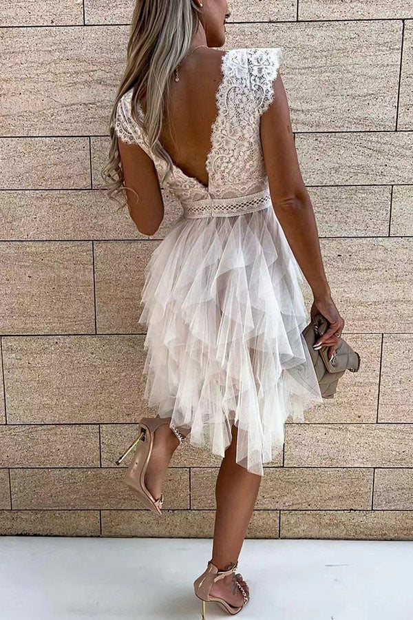 Gabriela Timeless Open-Shoulder Layered Lace Midi Dress with V Neck Evening Wear Edit