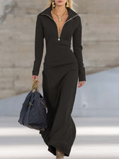 Knit Collared Long Sleeve Zip Front Maxi Dress 12