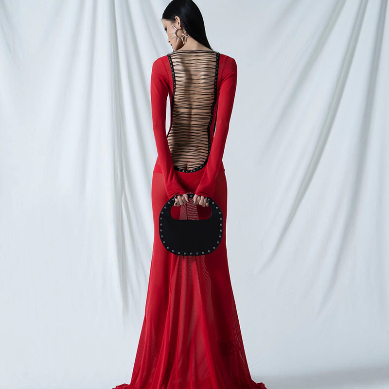 Autumn Mesh Backless Lace up Long Sleeve Super Maxi Dress