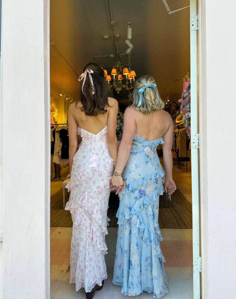 Charming Spaghetti Straps Chiffon Print Prom Dress Ruffles Mermaid Party Evening Gown cc1578