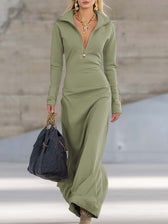 Knit Collared Long Sleeve Zip Front Maxi Dress 15