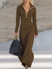 Knit Collared Long Sleeve Zip Front Maxi Dress 14