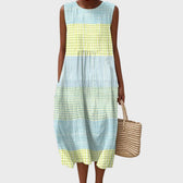 Plaid Sleeveless Tiered Linen Look Midi Dress