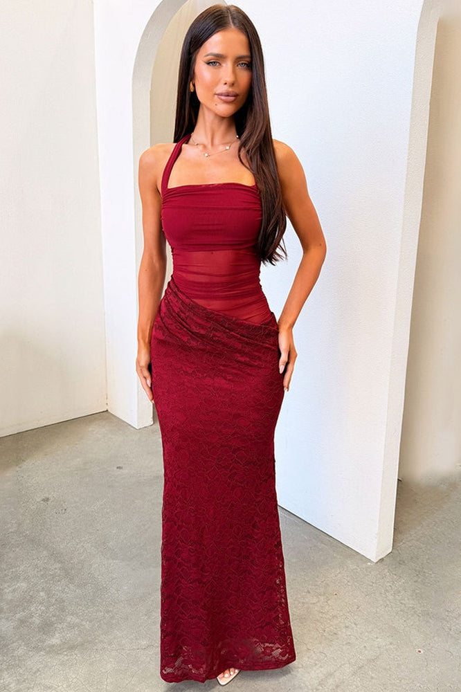 Halter Lace Low-Cut Backless Mesh Cutout Lace Dress