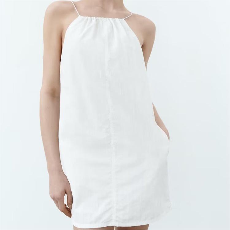 Halter Neck Gathered Linen-Look Sleeveless Shift Mini Dress