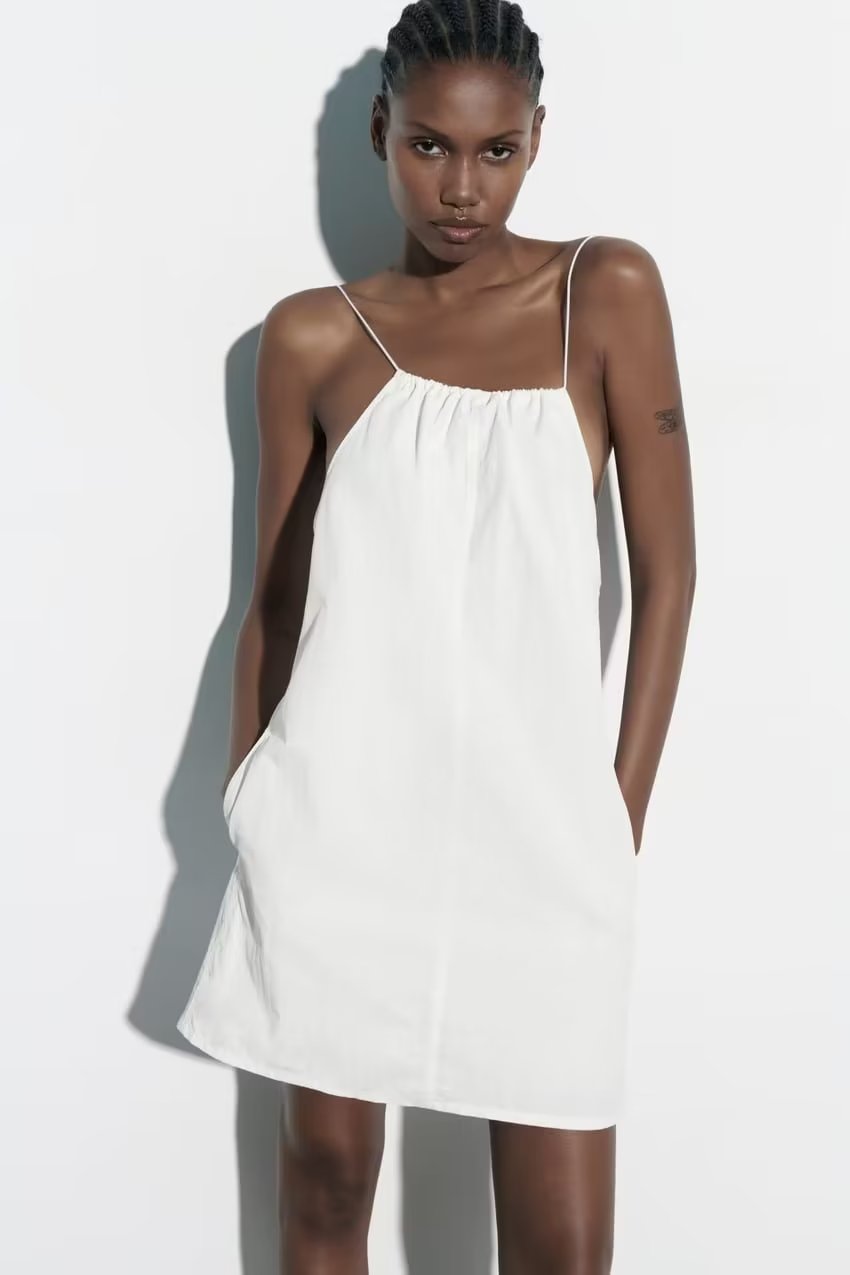 Halter Neck Gathered Linen-Look Sleeveless Shift Mini Dress 2