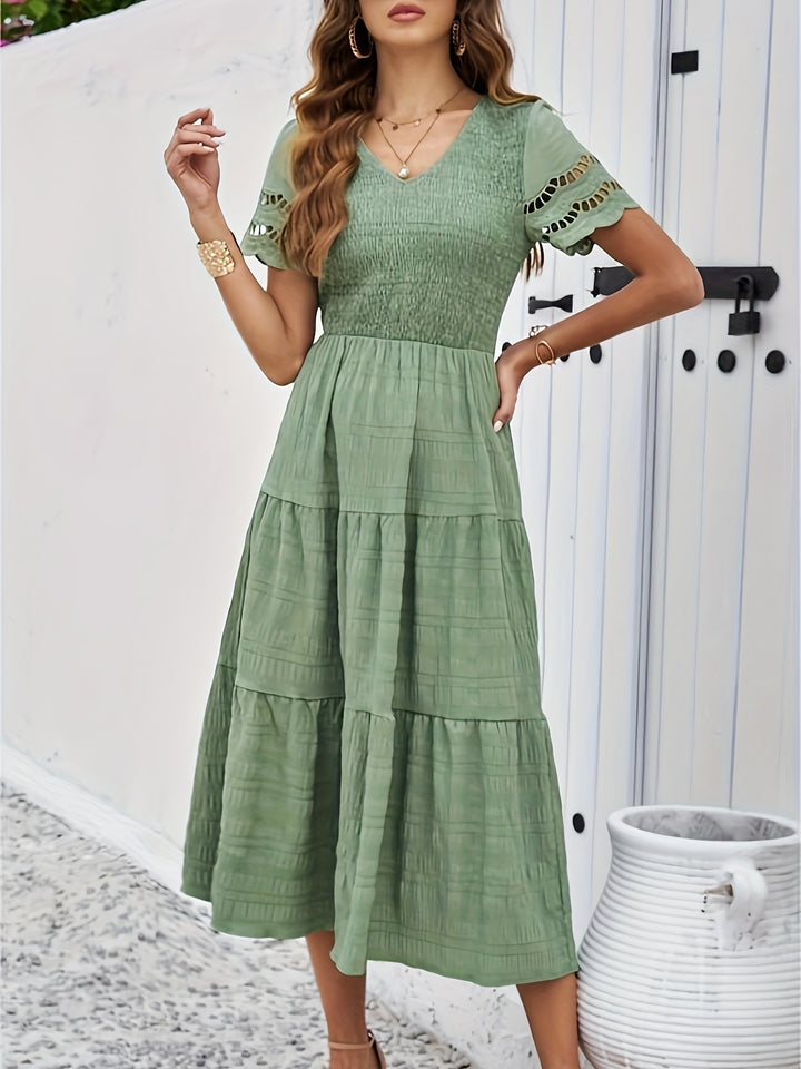 V-Neck Short Sleeve Smocked Bodice Cut Out Trim Tiered Midi Dress 4