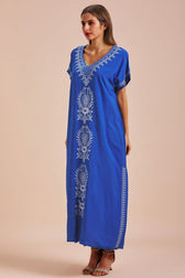 Embroidered V-Neck Short Sleeve Kaftan Maxi Dress 20