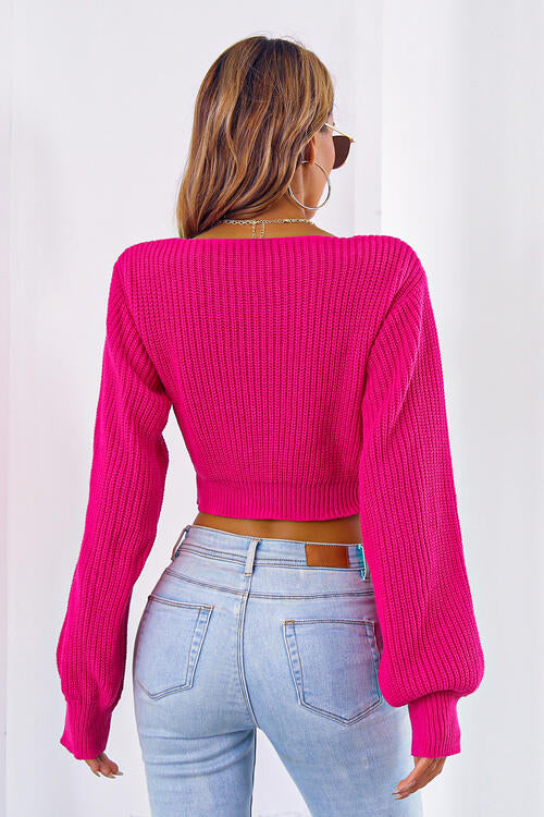 V-Neck Tie Front Lantern Sleeve Ribbed Knit Cropped Sweater 15
