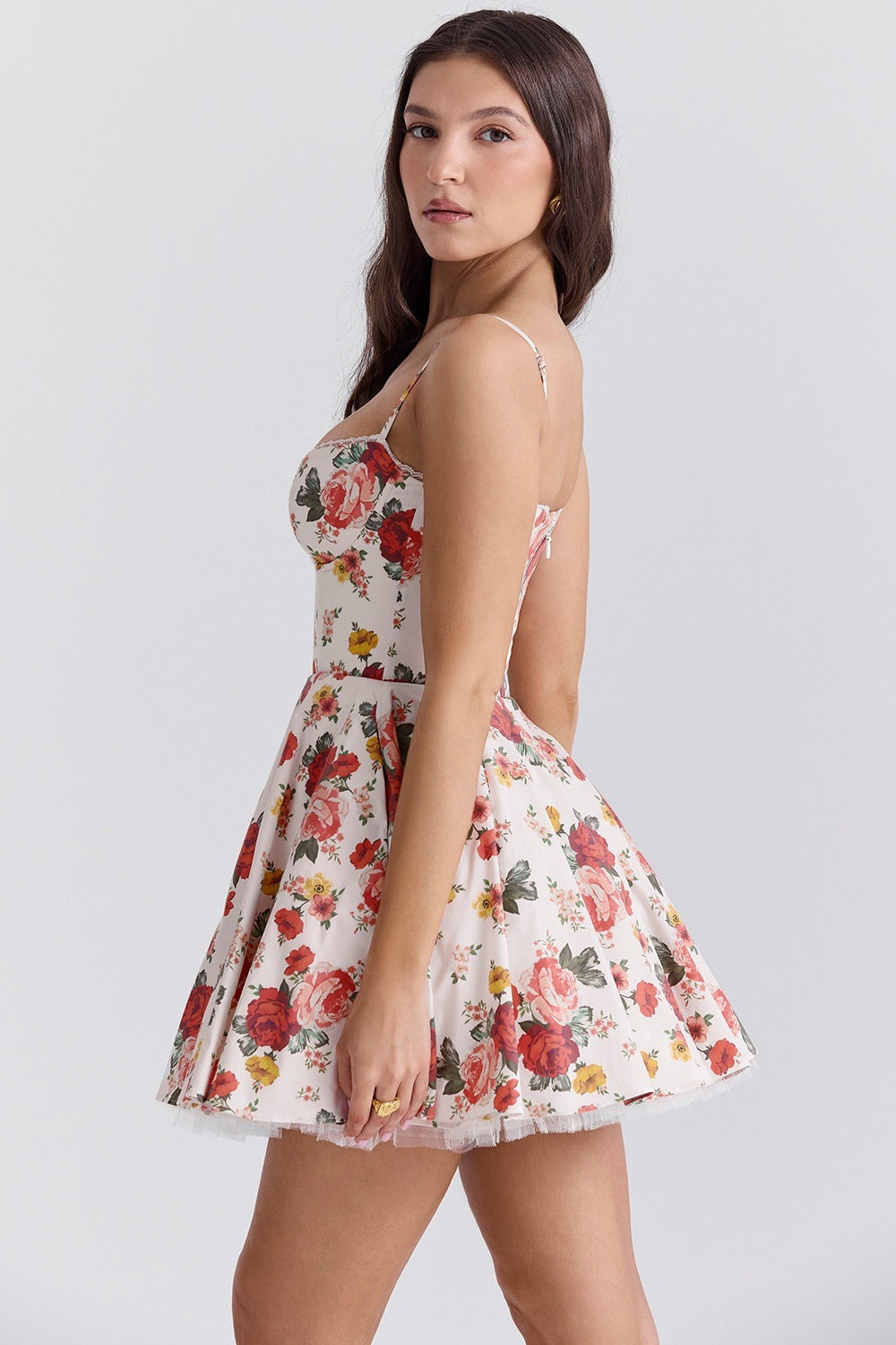 Floral Spaghetti Strap Sweetheart Bustier Fit and Flare Mini Dress
