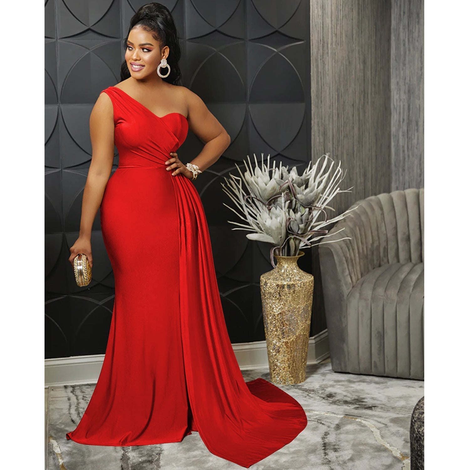 Solid Color Party Tight One Shoulder Sleeved Dress Maxi Dress Women