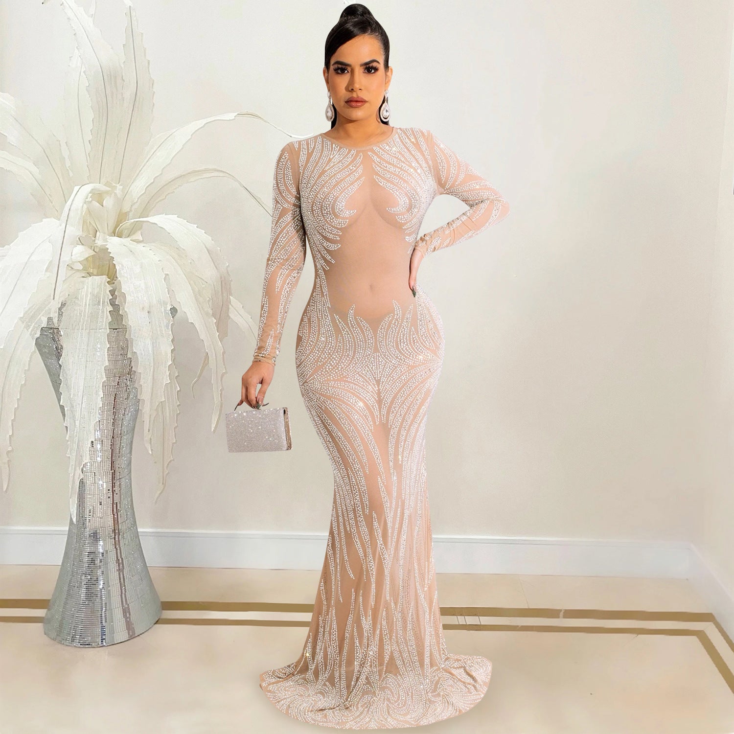 Night Club Sexy Rhinestone Mesh See through Long Sleeve Dress Dress Women