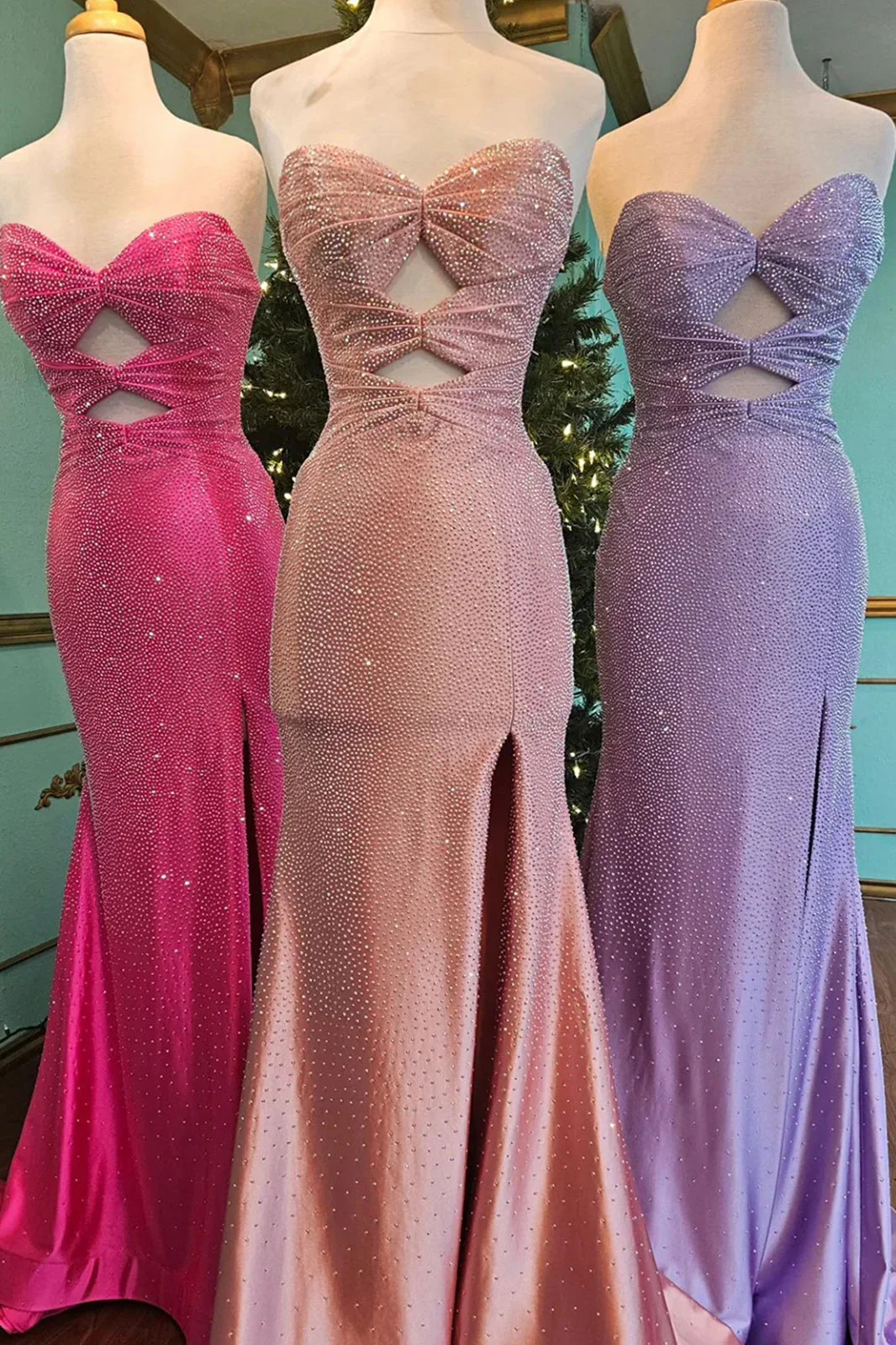 Cute Hot Pink Mermaid Strapless Long Beaded Prom Dress with Slit