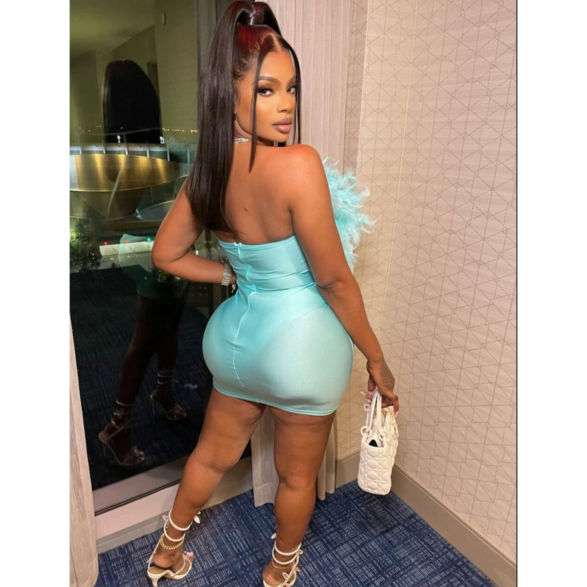 Feather Trim Strapless Rhinestone Mesh Bodycon Mini Dress 4