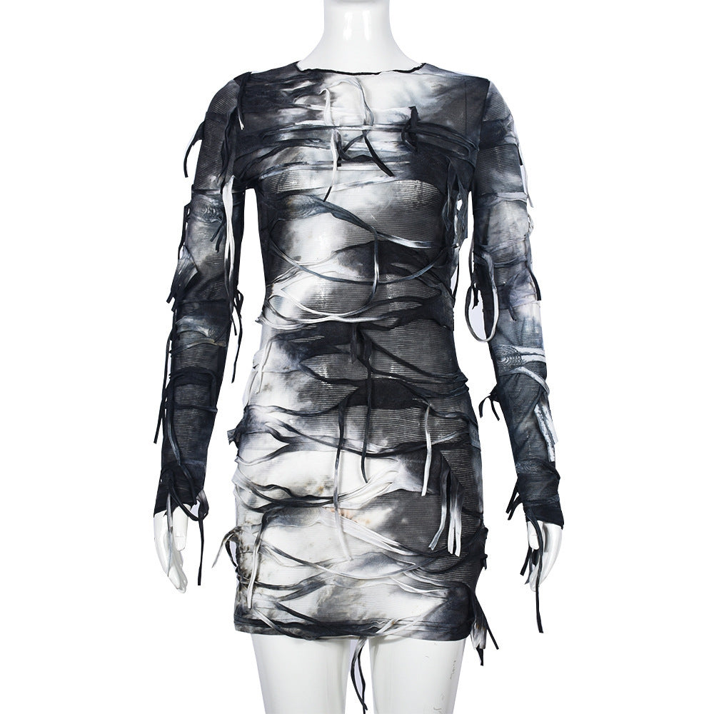Tie Dye Print Crew Neck Long Sleeve Ruched Drawstring Bodycon Mini Dress 4