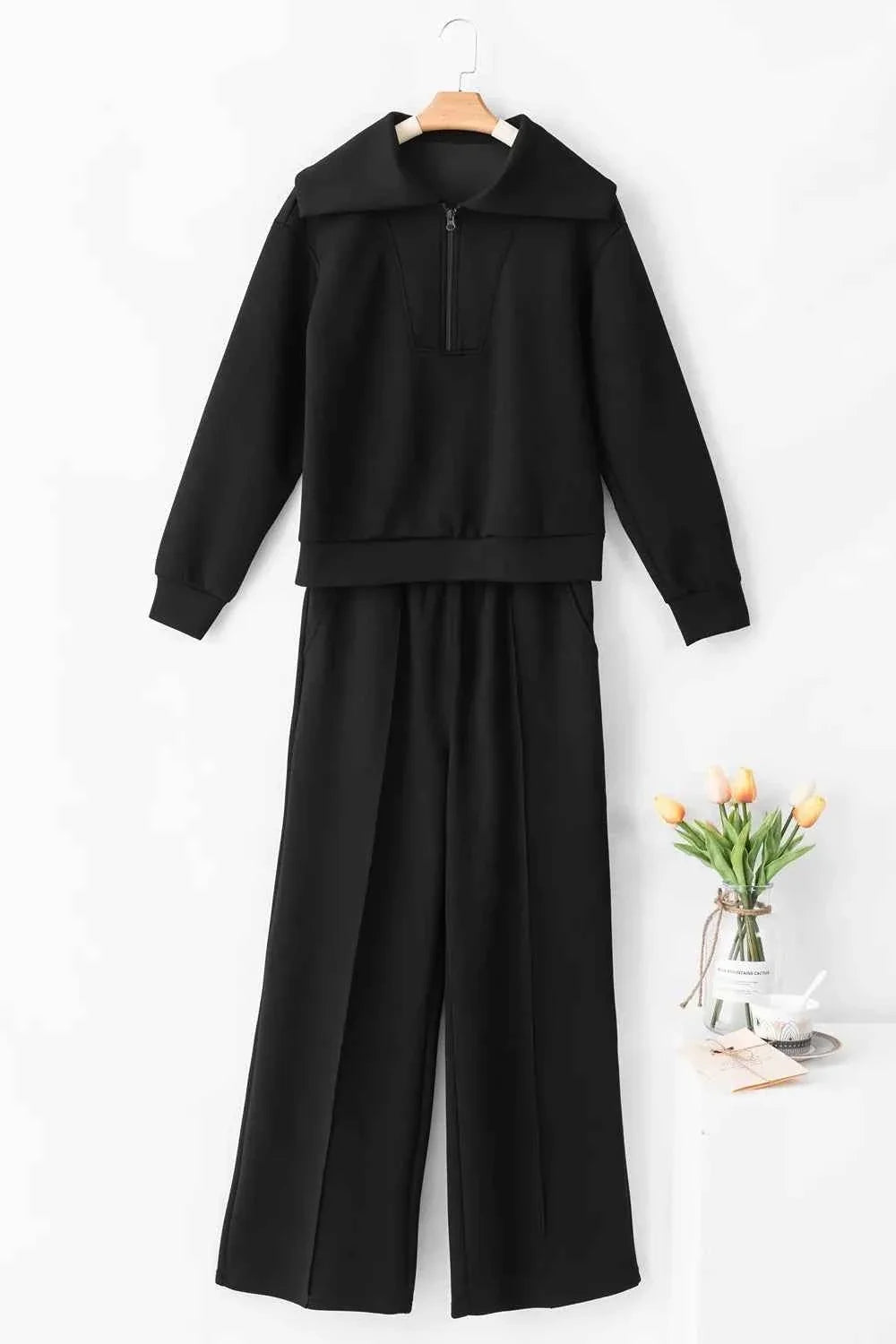 Solid Zip Sailor Collar Pullover Athleisure Sweatpants 2pcs Set