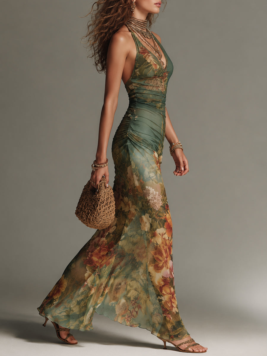 Floral Halter Neck Ruched Mesh Bodycon Maxi Dress