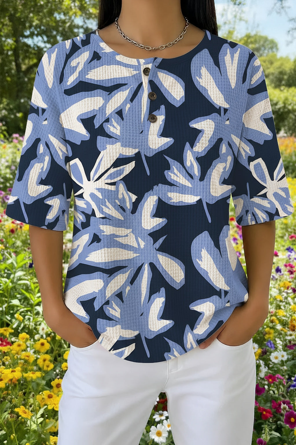 Womens Blue Tropical Leaf Print Casual Shirt