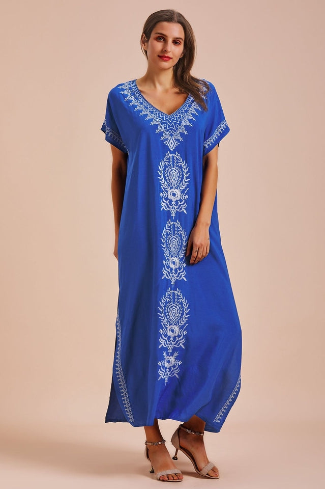 Embroidered V-Neck Short Sleeve Kaftan Maxi Dress 22