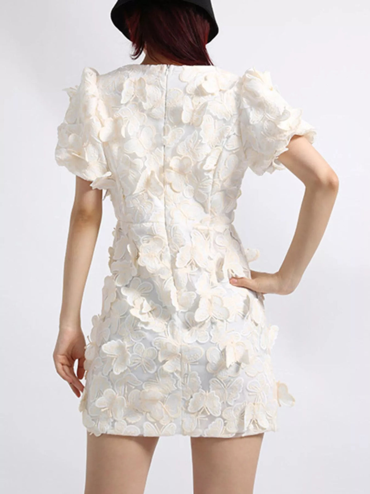 3D Butterfly Appliqué V-Neck Puff Sleeve Bodycon Mini Dress 6