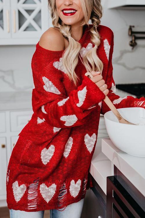 Heart Print Off Shoulder Sweater