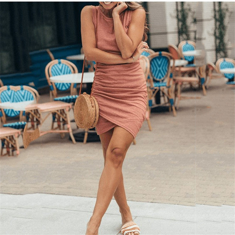 Ribbed Knit Crew Neck Sleeveless Side Ruched Bodycon Mini Dress 3