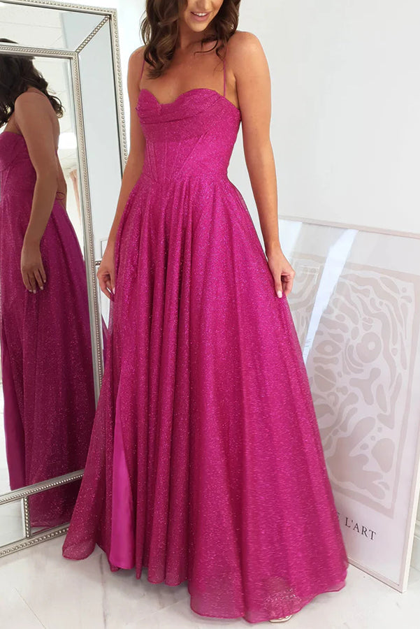 Cinderella Glitter Tulle Fabric Cowl Neck Back Lace-up Maxi Dress - View 17