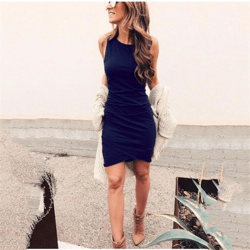 Ribbed Knit Crew Neck Sleeveless Side Ruched Bodycon Mini Dress 10