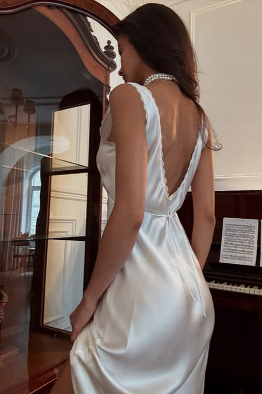 V-Neck Backless Satin Lace Trim Silk Dress