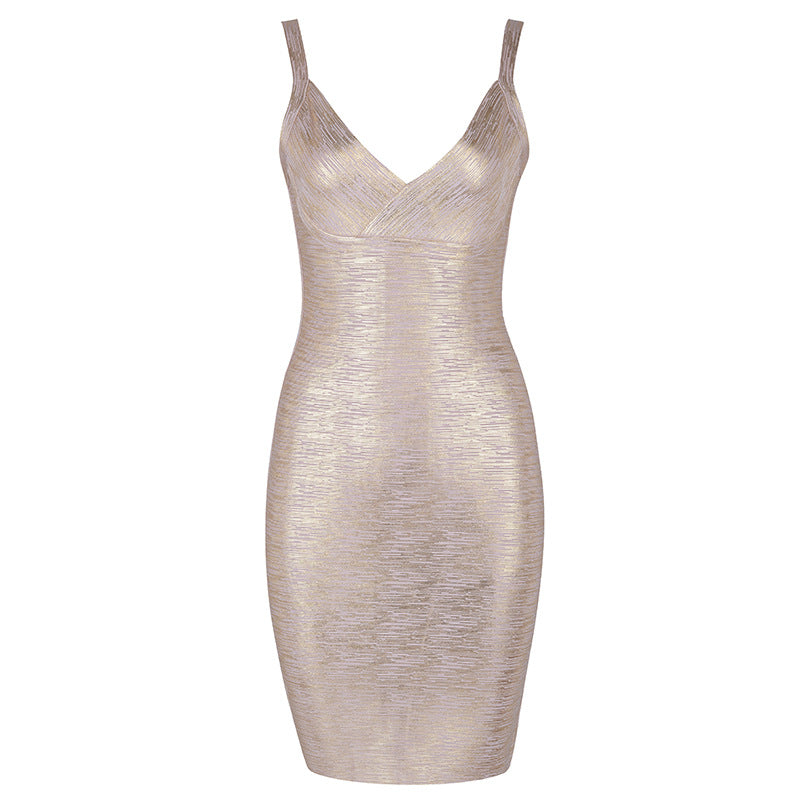 Metallic Foil V-Neck Spaghetti Strap Bandage Bodycon Mini Dress 5