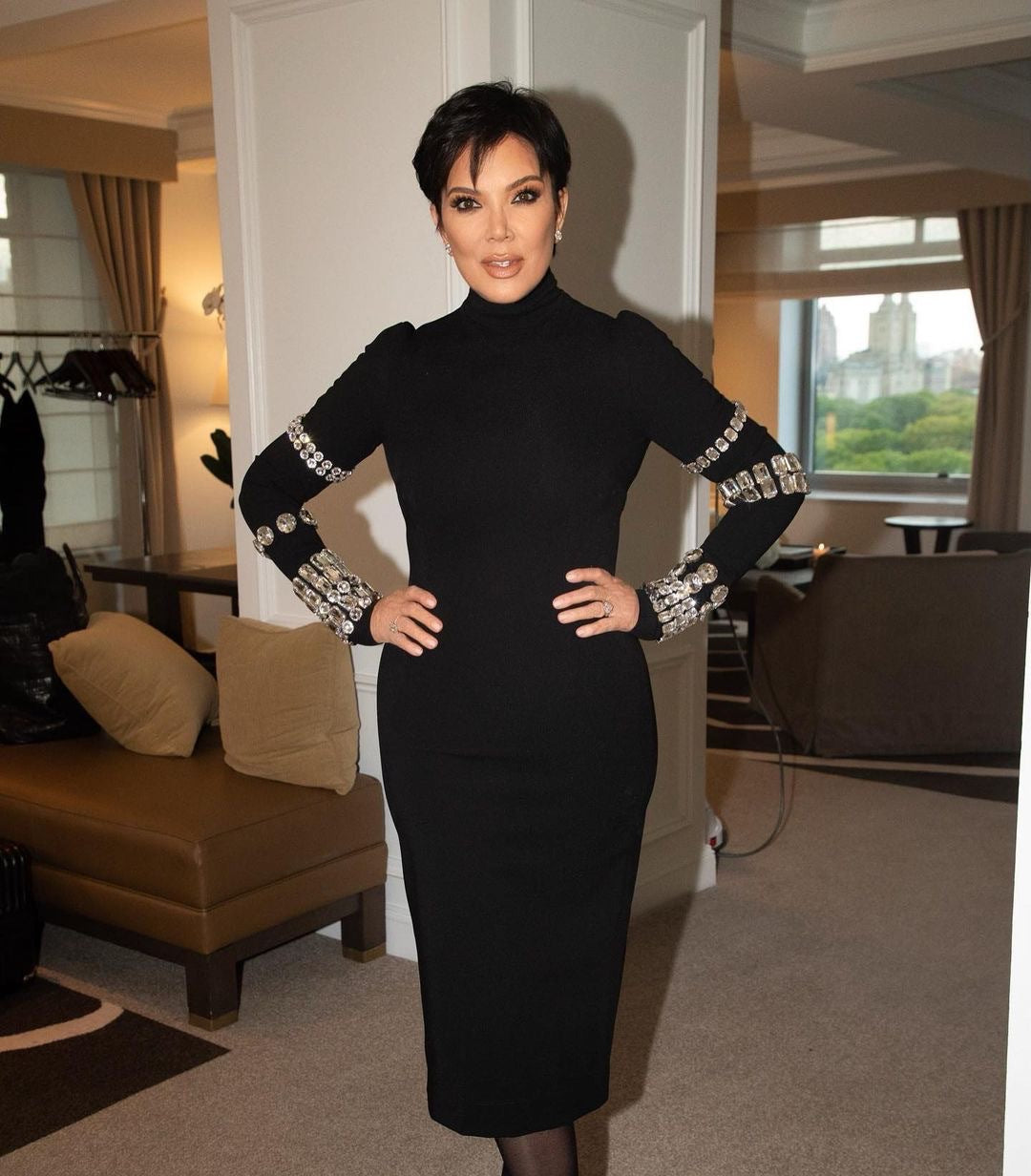 Rhinestone Embellished Long Sleeve Turtleneck Bodycon Midi Dress