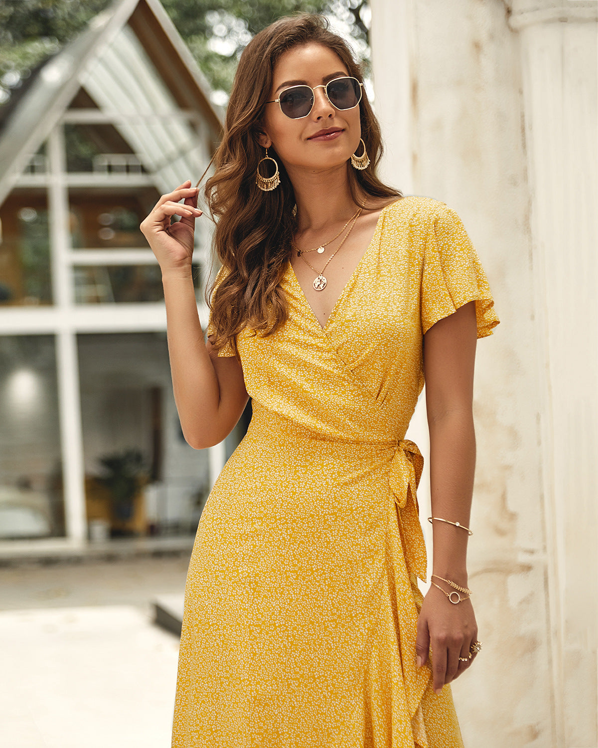 Riva Puff Sleeve Shimmer Wrap Maxi Dress