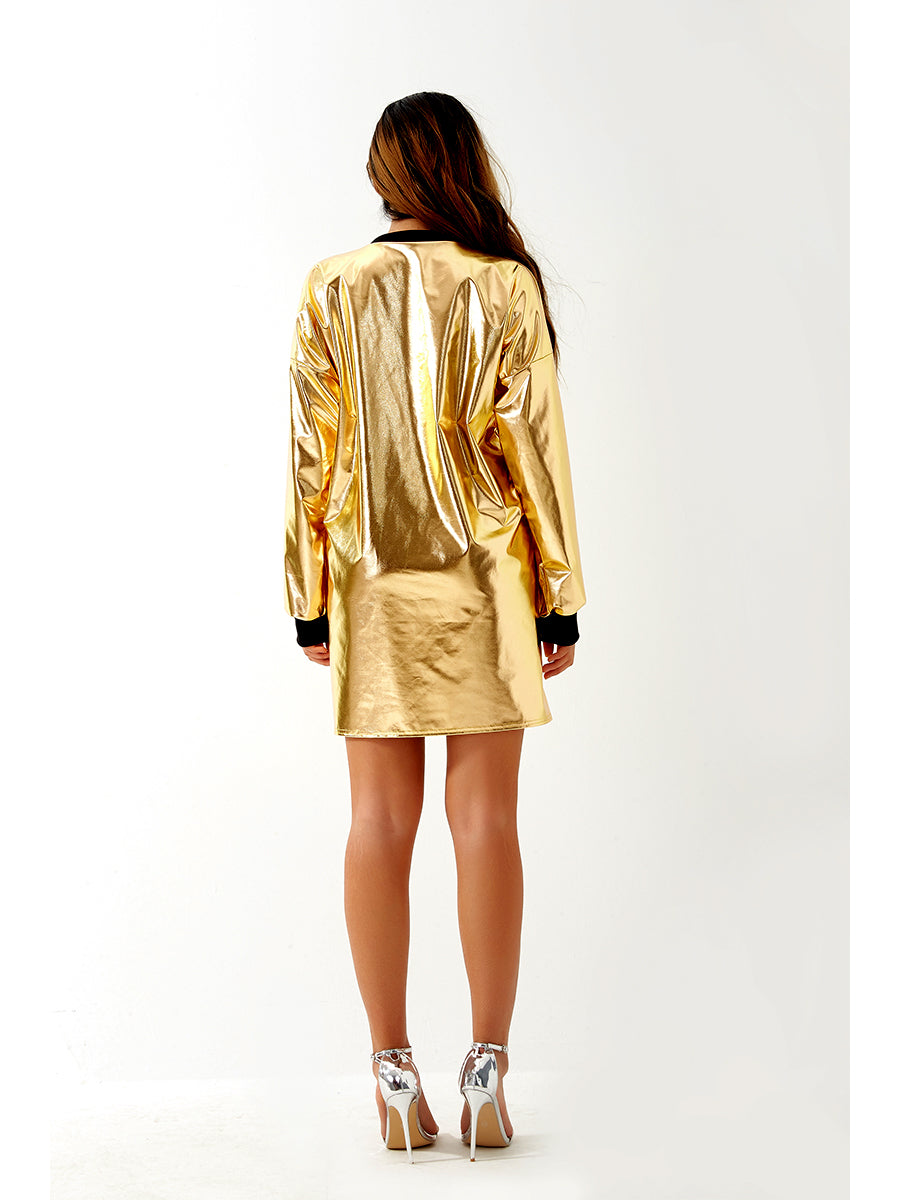 Metallic Coated Fabric Women Sexy Long Sleeve Dress Laser Color Matching Dress Runway Women Clothing No Belt
