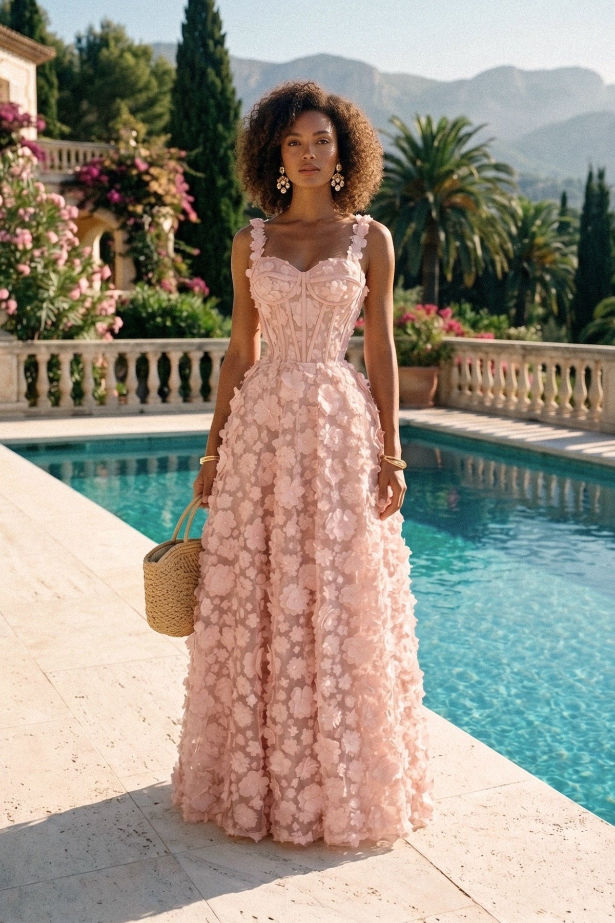 Floral Applique Sweetheart Neck Corset Bodice A-Line Maxi Dress