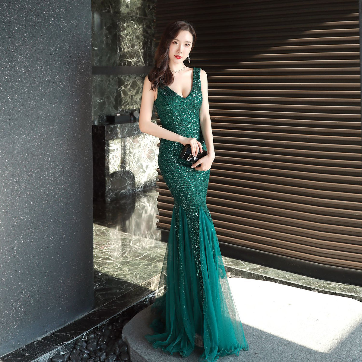 Sequin V-Neck Sleeveless Tulle Godet Mermaid Evening Gown 2