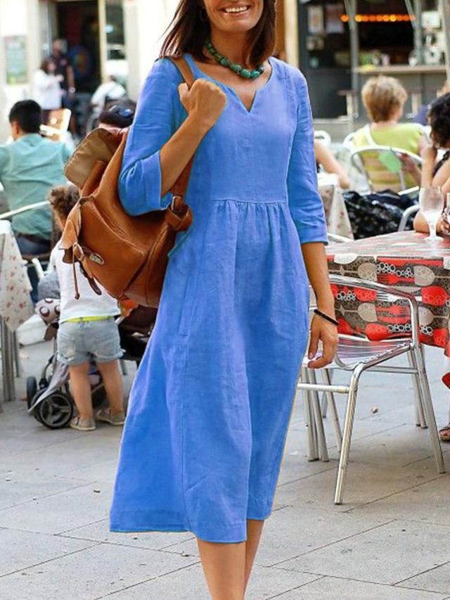 Linen-Look V-Neck Three Quarter Sleeve Gathered Waist Midi Dress 4
