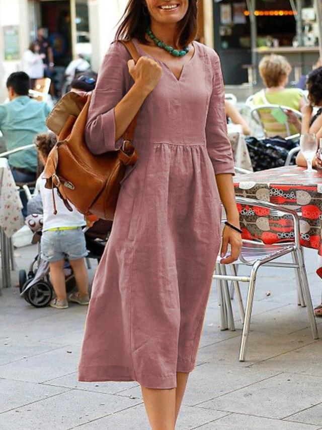 Linen-Look V-Neck Three Quarter Sleeve Gathered Waist Midi Dress 5